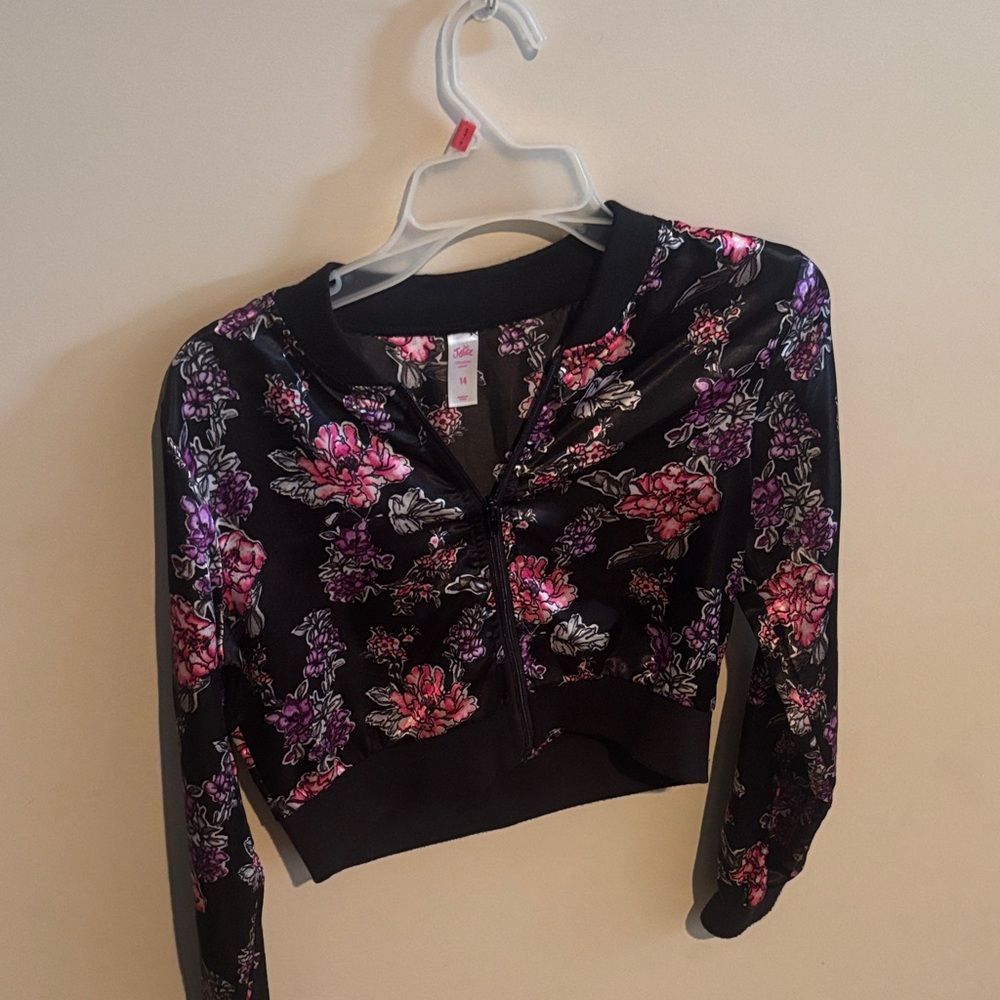 Justice Black Floral Cropped Zip Top with Pink & Purple Flowers